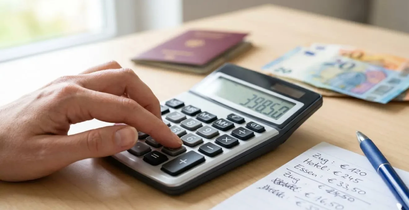 Nahaufnahme einer Hand, die einen Taschenrechner bedient, mit unscharfen Notizen und Euro-Scheinen im Hintergrund