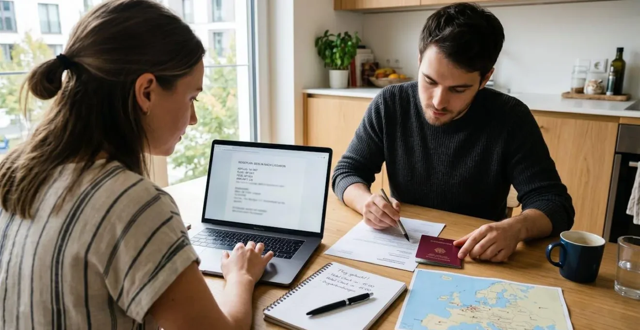 Ein Paar mittleren Alters sitzt an einem hellen Küchentisch mit geöffnetem Laptop und ausgebreiteten Reiseunterlagen